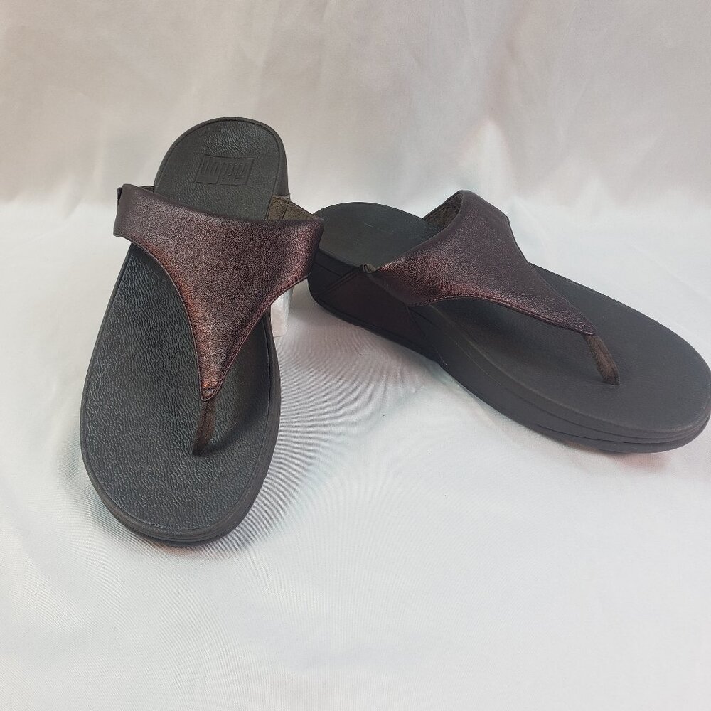 FitFlop LULU Leather Toe Post Wedge Women's Sandals  Chocolate Metallic  Size 8